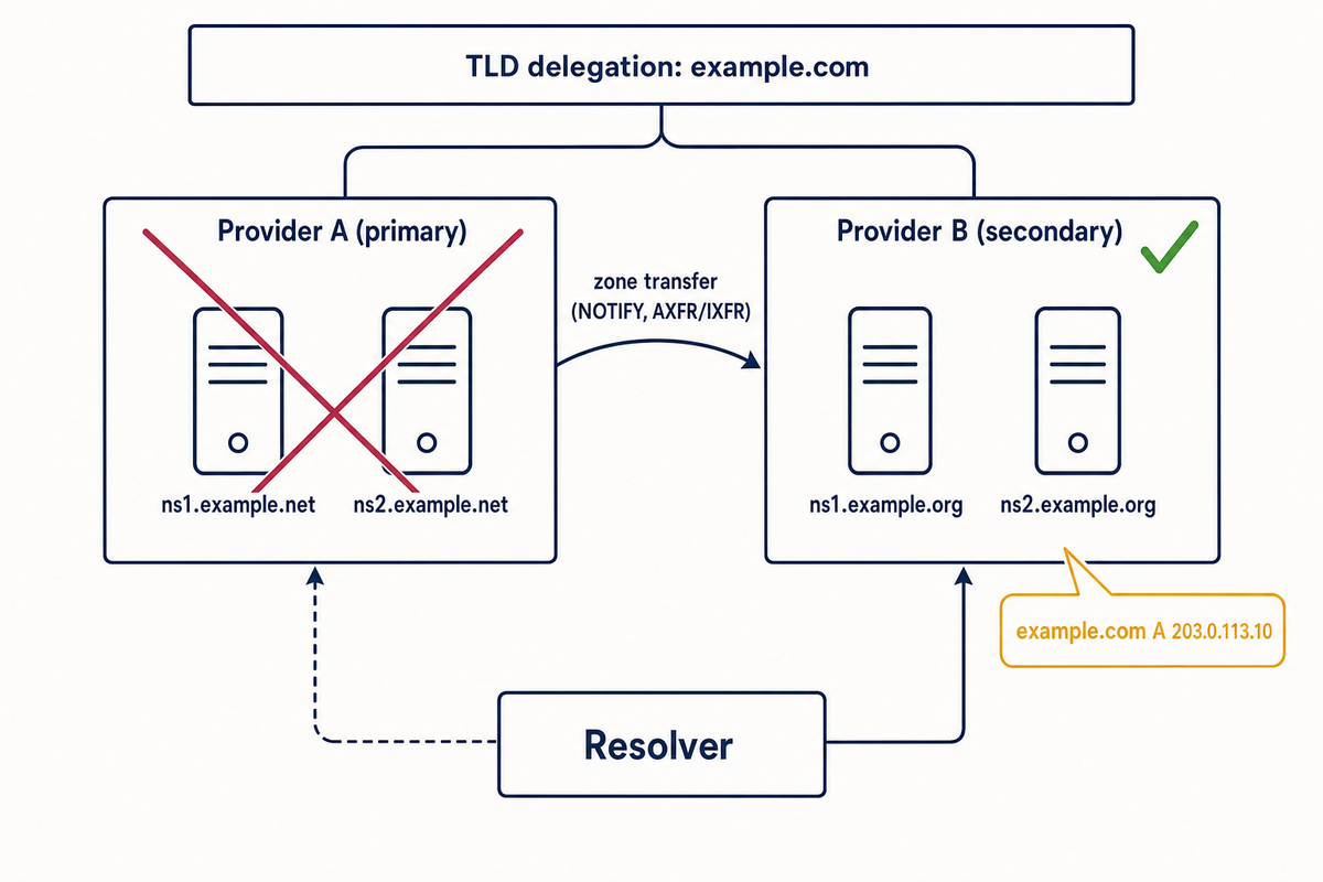 Secondary DNS setup: primary and secondary nameservers from two providers answering queries for example.com, with zone transfer between them