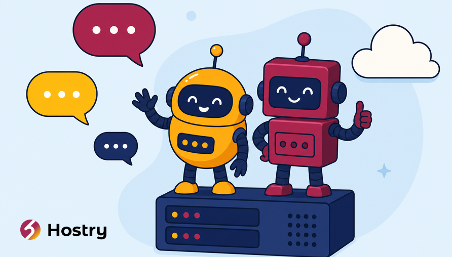 Hermes Agent vs OpenClaw: two friendly AI agent robots on one VPS with chat apps and an LLM cloud